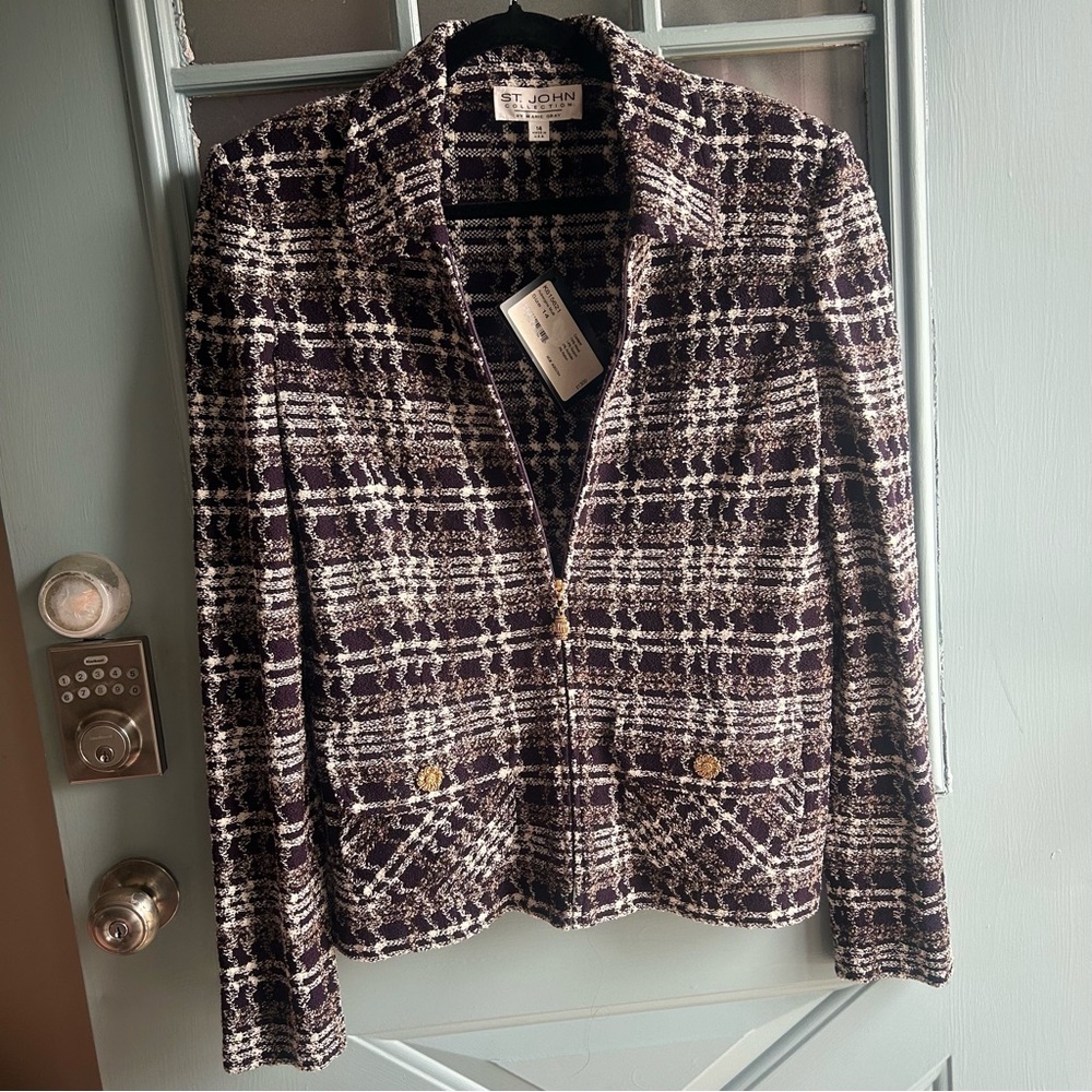 Vtg St. John Collection Plaid Print Blazer Formal Jacket Full Zip Purple Gold 14